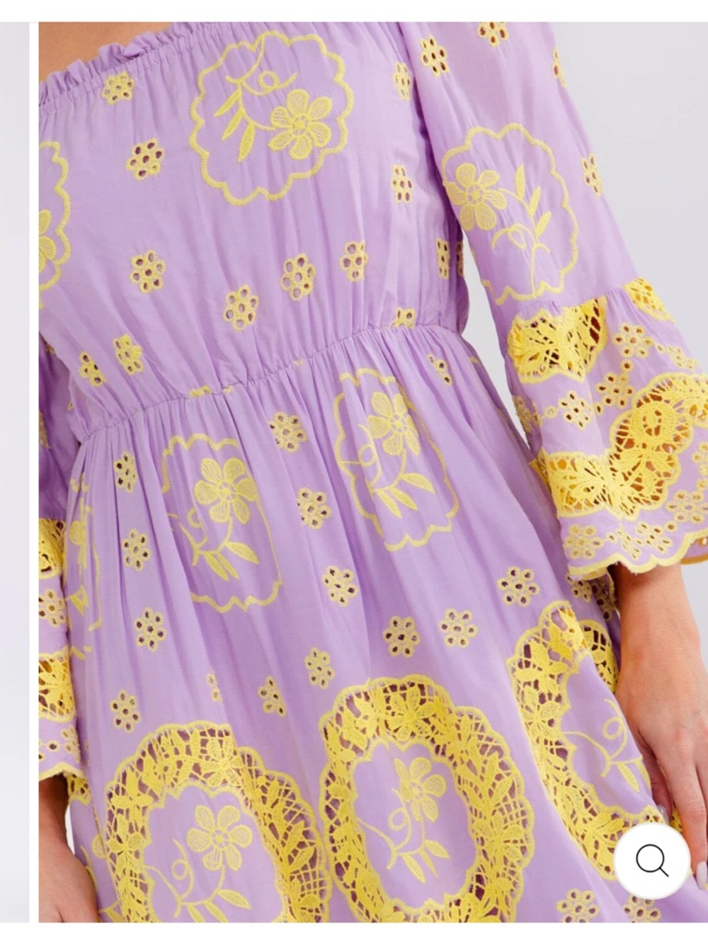 Boho womans Lavender Off-Shoulder Yellow eyelet Lace Trim maxi dress size S-M-L - Picture 3 of 4
